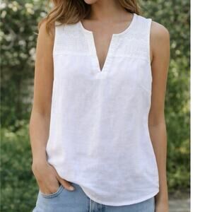 L.L.Bean Linen Cotton Sleeveless Top White Embroidered Boho Small